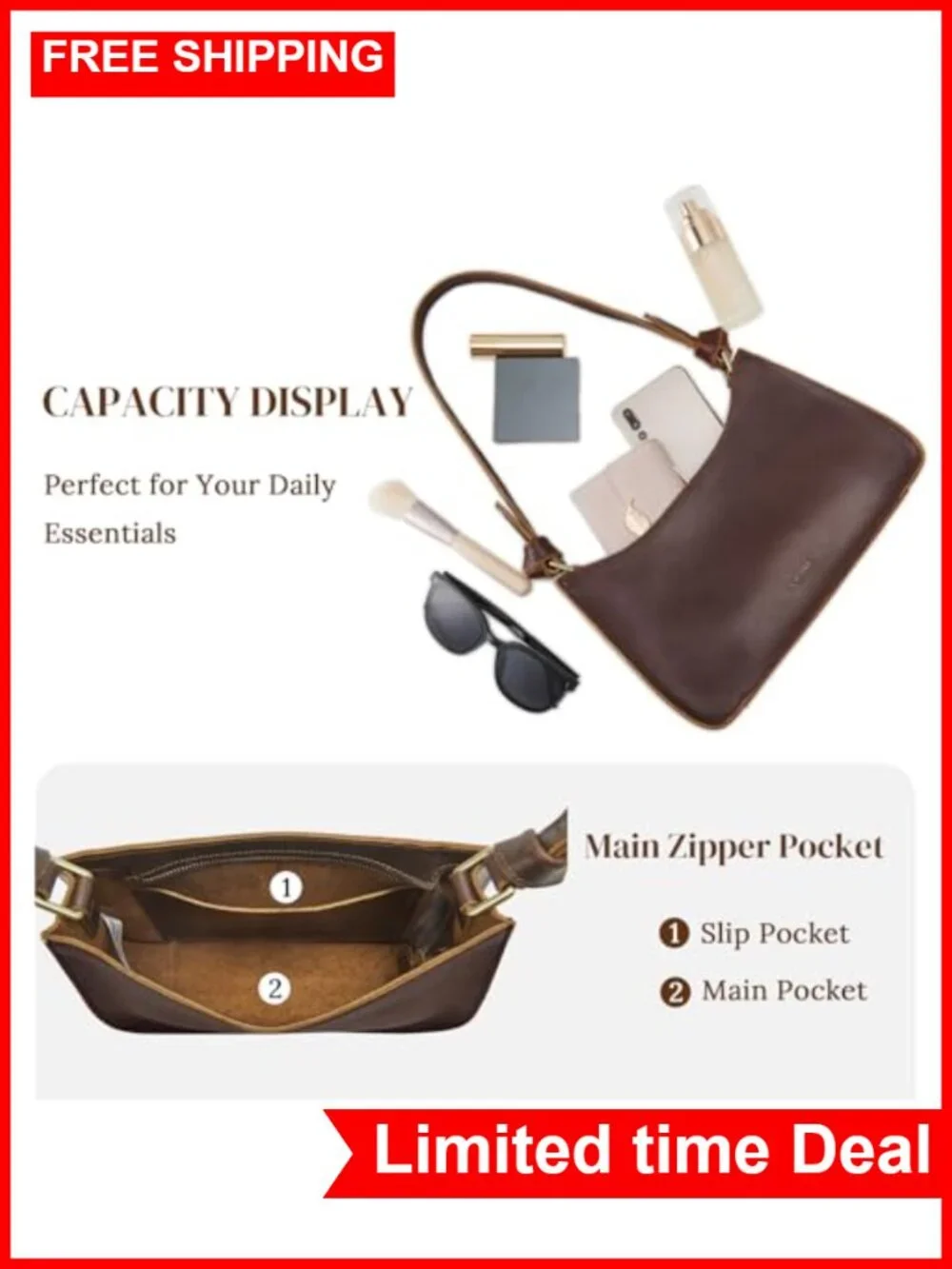 Genuine Leather Hobo Bag Small Shoulder Purse Handbag